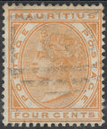 Mauritius 1883 4¢ SG.104 — Wmk Crown CA, Fine Used, Barred Oval Postmark