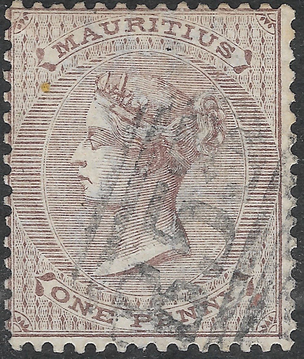 Mauritius 1863-72 1d SG.56 — Wmk Crown CC, B53 Cancel, Purple-brown Shade, Used