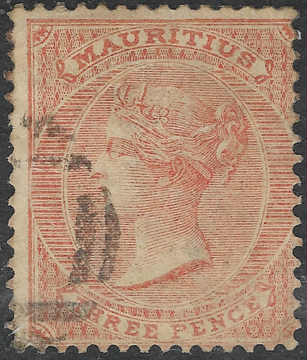 Mauritius 1863-72 3d SG.61a — Wmk Crown CC, Barred Postmark, Used