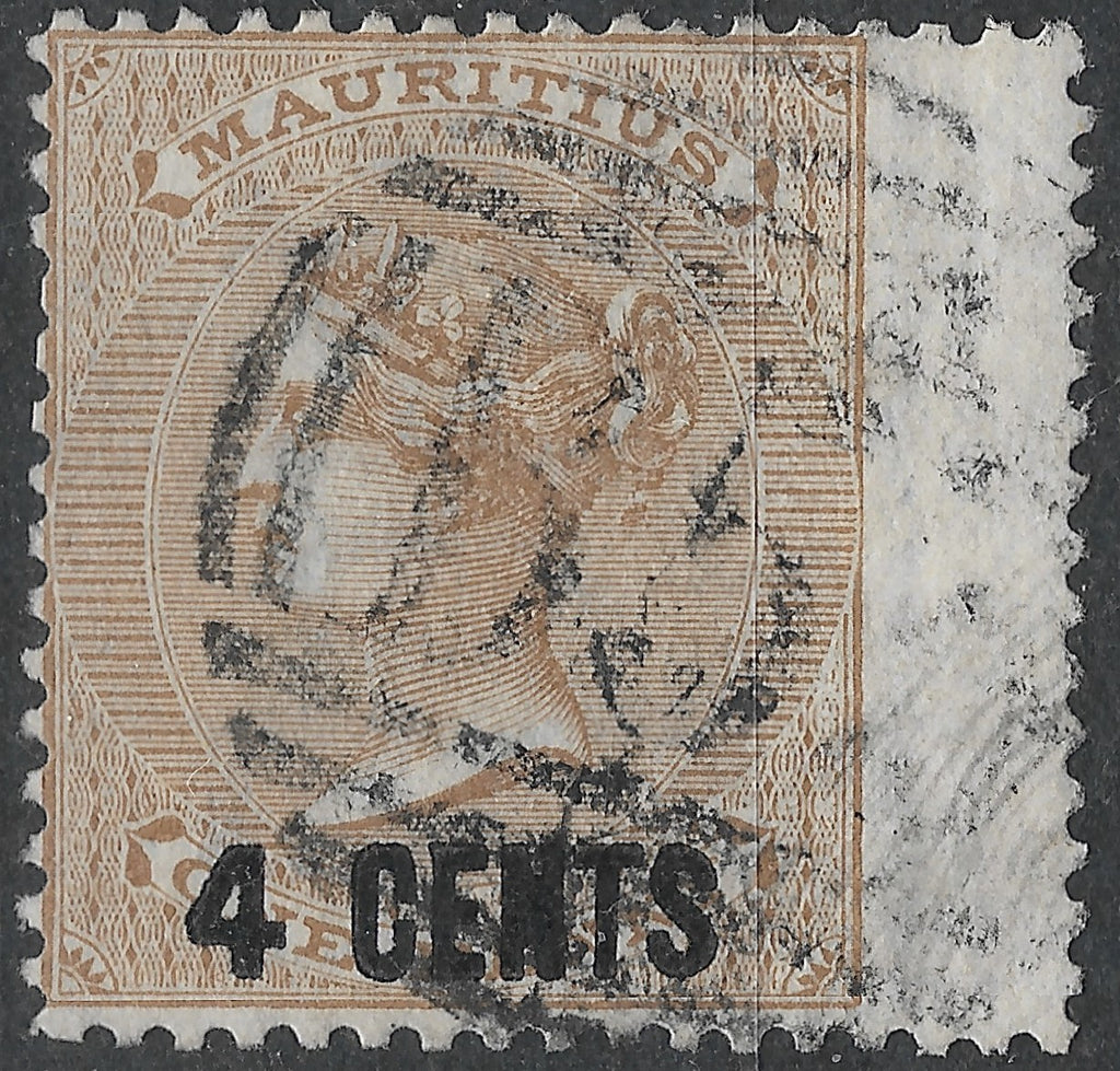 Mauritius 1878 4¢ on 1d SG.84 — VF, B53 Barred Postmark, Wing-margin, Used