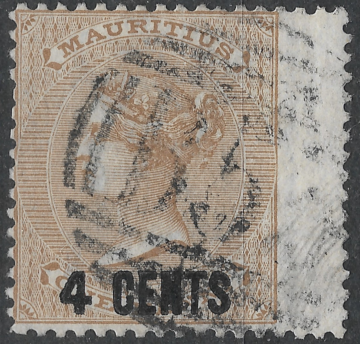 Mauritius 1878 4¢ on 1d SG.84 — VF, B53 Barred Postmark, Wing-margin, Used
