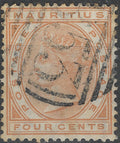 Mauritius 1879-80 4¢ SG.93 — Wmk Crown CC, B53 Barred Oval Postmark, Used