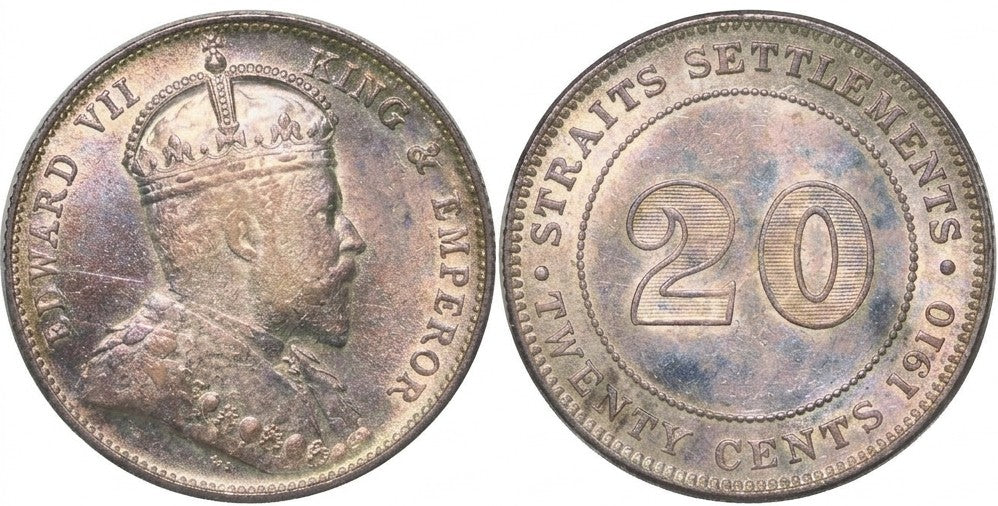 Straits Settlements 1910-B 20 Cents NGC AU58 – obverse and reverse