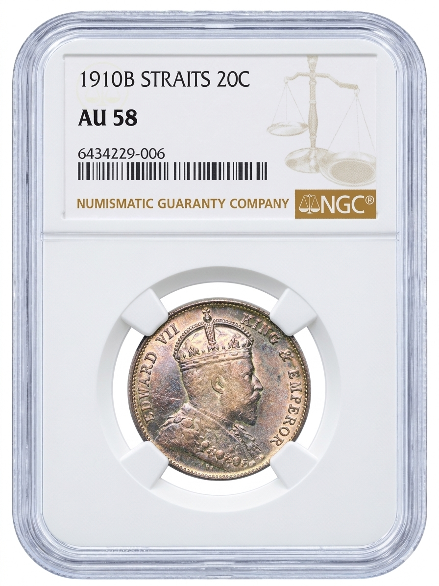 Straits Settlements 1910-B Silver 20 Cents NGC AU58 — NGC slab