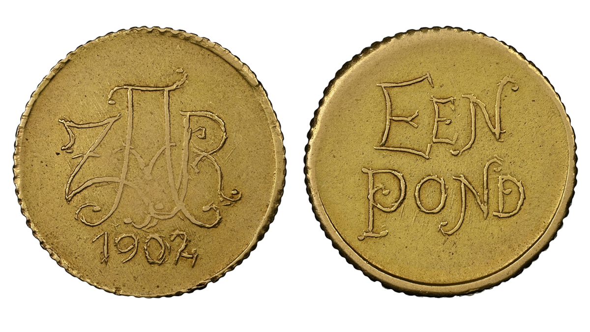 1902 ZAR Gold Veldpond — obverse and reverse showing cursive ZAR monogram and hand-punched EEN POND inscription