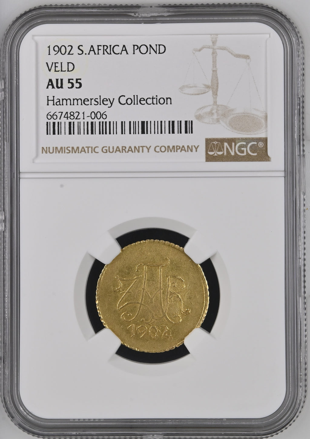 1902 ZAR Gold Veldpond in NGC slab — obverse, graded AU 55, Ex-Hammersley Collection, cert 6674821-006